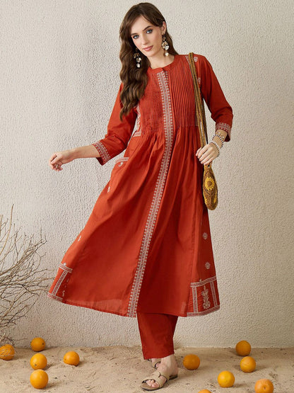 Dhiyona IE Floral Embroidered Pure Cotton Top With Trousers Co-Ords