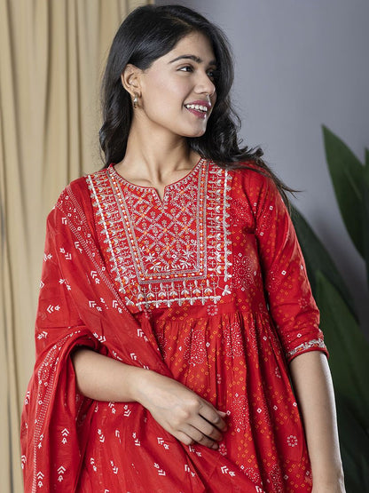 Dhiyona KL Bandhani Printed Thread Work Pure Cotton Kurta With Trousers & Dupatta