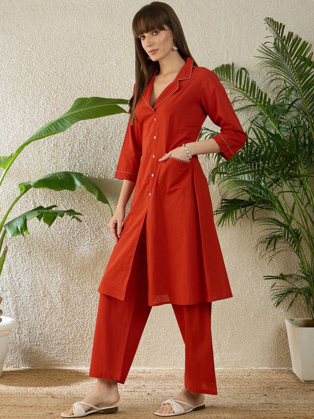 Dhiyona IE Printed Shirt Collar Three-Quarter Sleeves Pure Cotton Top With Trousers