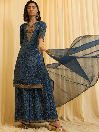 Dhiyona CH Women Ethnic Motifs Printed Regular Thread Work Kurta with Sharara & With Dupatta