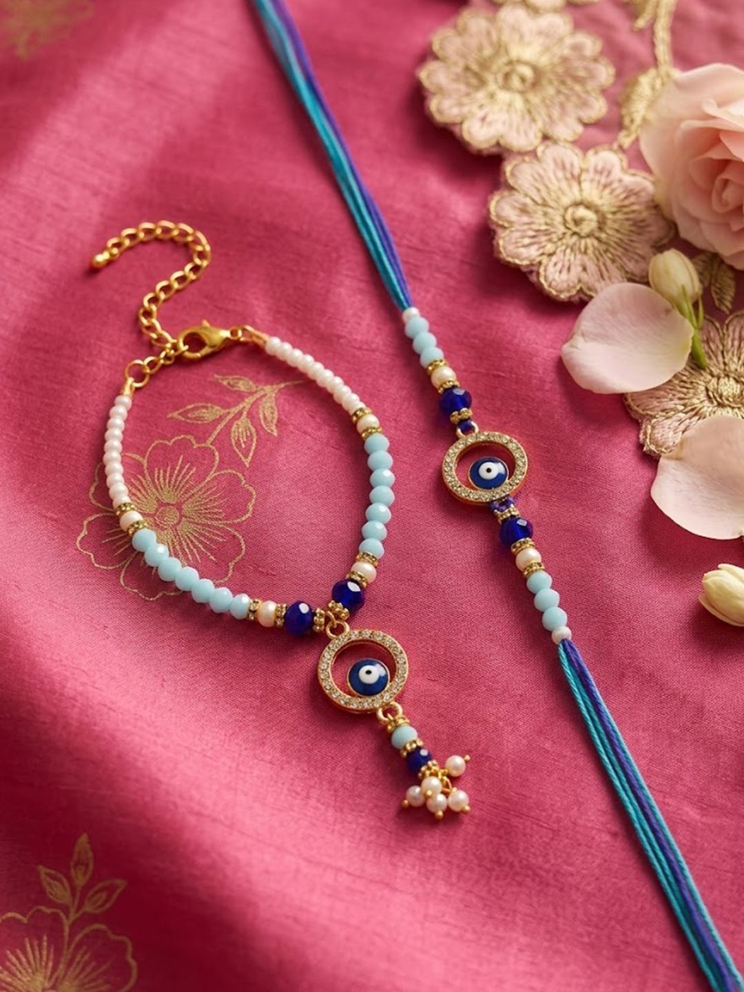 Dhiyona Set Of 2 Blue Evil Eye Gold Toned Beaded Bhaiya Bhabhi Rakhi