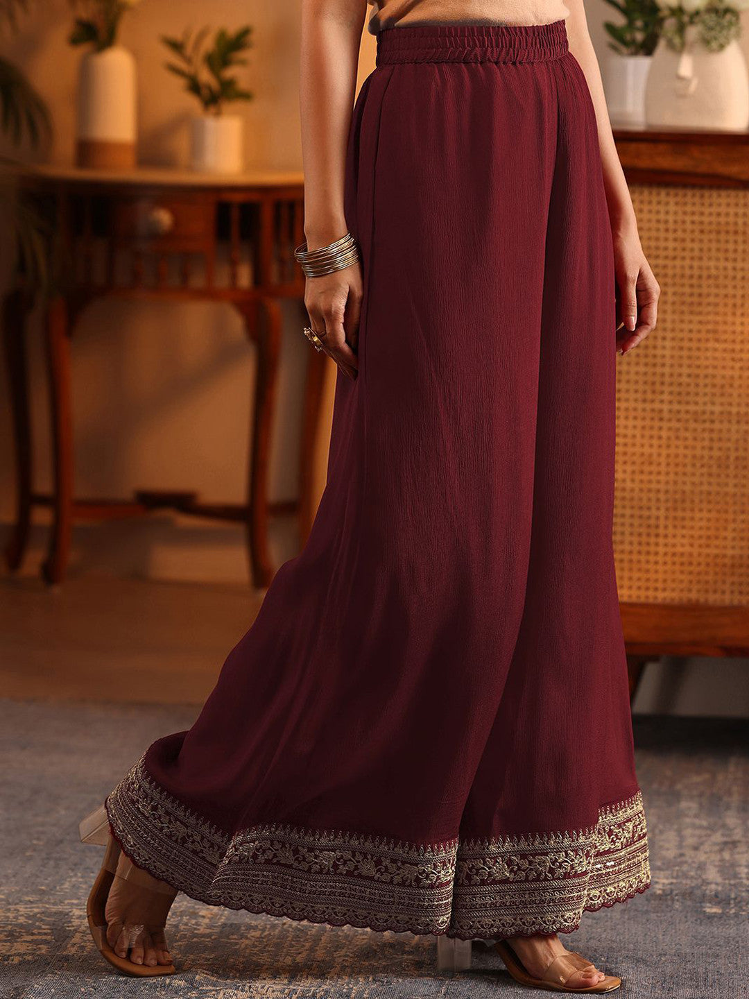 Floral Woven Design Straight Zari Kurta With Palazzos & Dupatta