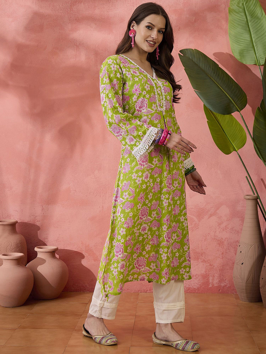 Floral Printed Cotton V-Neck Straight Kurta With Trouser