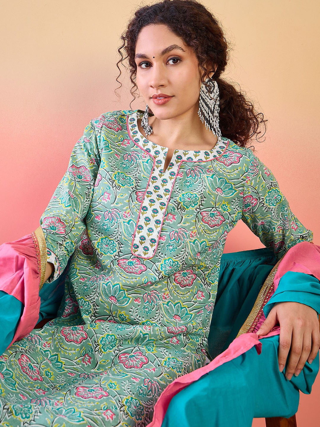 Floral Printed Notch Neck Pure cotton Kurta With Palazzos And Dupatta