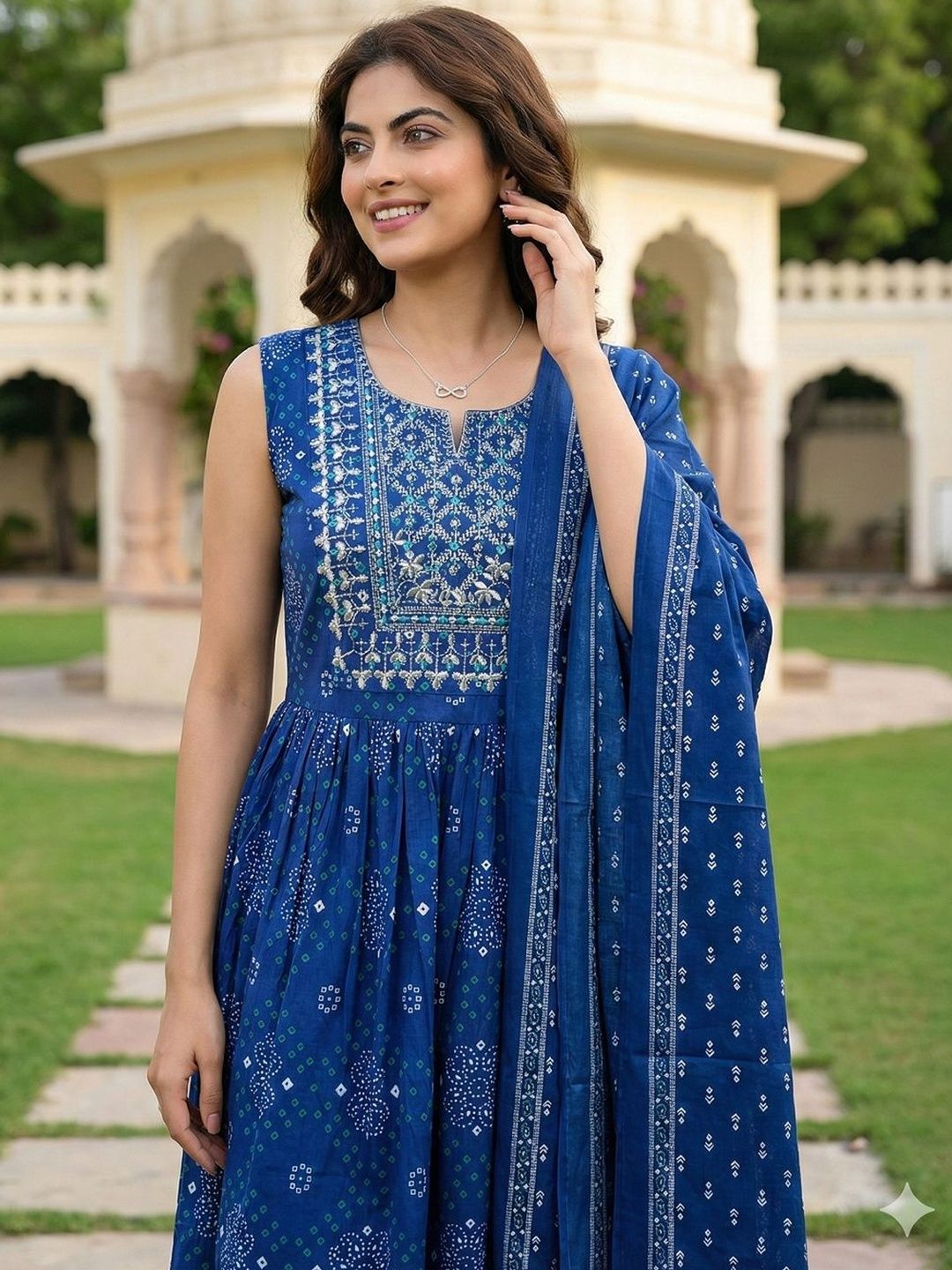 Dhiyona AN Women Ethnic Motifs Printed Empire Thread Work Pure Cotton Kurta with Sharara & With Dupatta