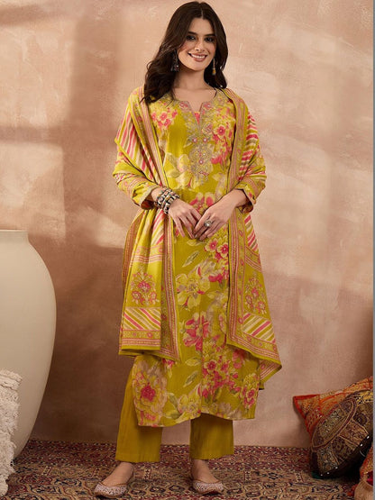 Dhiyona KL Women Floral Printed Regular Thread Work Kurta with Trousers & With Dupatta