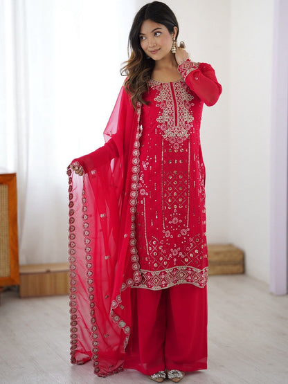 Floral Embroidered Round Neck Sequinned Kurta With Palazzos & Dupatta