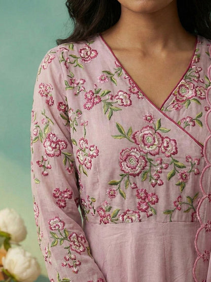 Dhiyona CH Women Floral Embroidered Angrakha Thread Work Kurta with Trousers & With Dupatta