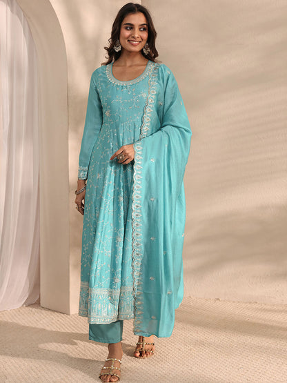 Blue Embellished Anarkali Suit Set with Dupatta