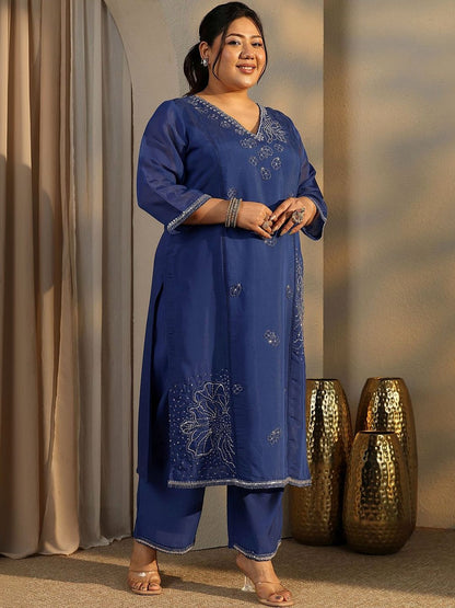 Dhiyona Women's Plus Size Ethnic Motifs Embroidered Kurta with Trouser & Dupatta