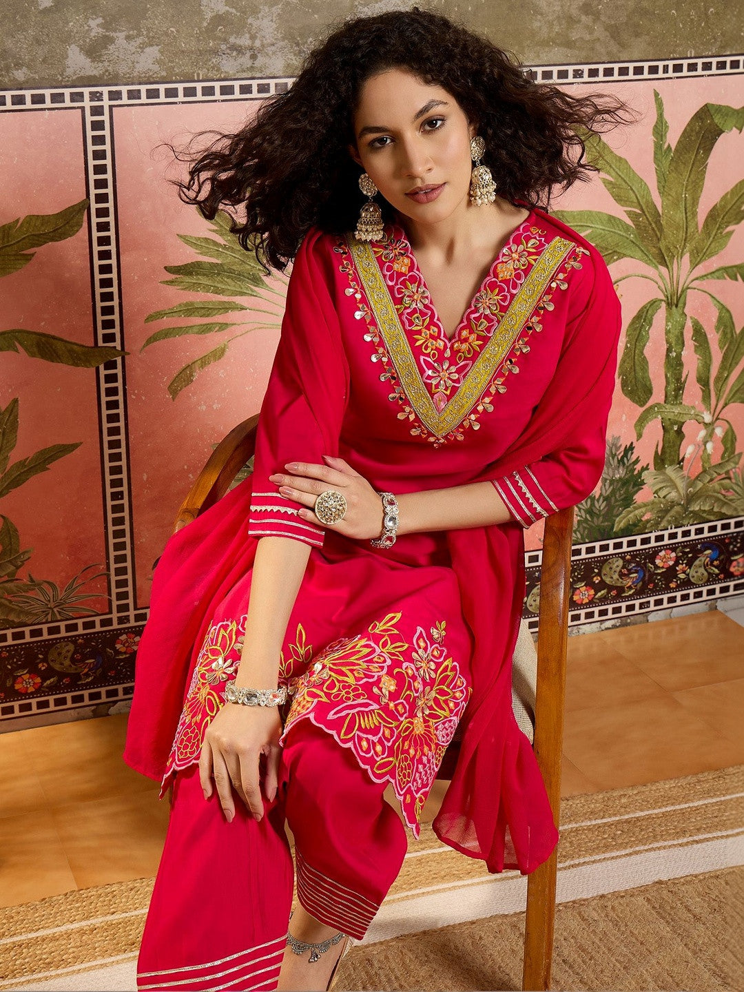 Embroidered Silk Blend V-Neck Kurta & Trousers Kurta Set