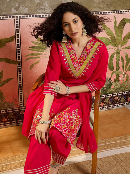 Embroidered Silk Blend V-Neck Kurta & Trousers Kurta Set