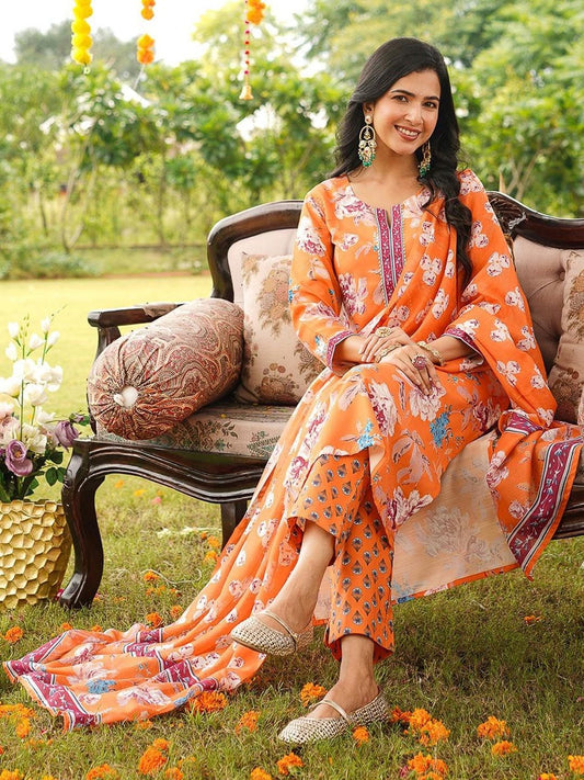 Dhiyona KL Women Floral Printed Regular Kurta with Trousers & With Dupatta