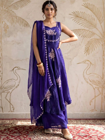 Women Floral Embroidered Tiered Thread Work Kurta with Palazzos & With Dupatta