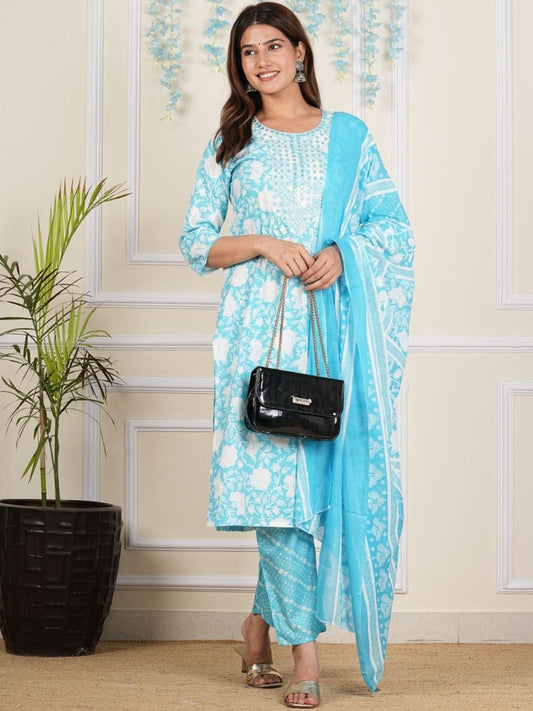 Dhiyona KL Women Floral Printed Regular Mirror Work Kurta with Palazzos & With Dupatta