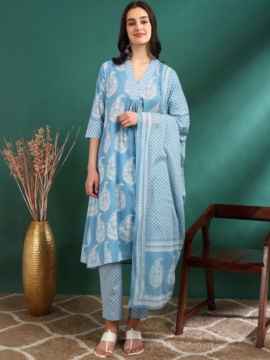 Dhiyona KL Women Ethnic Motifs Printed Regular Pure Cotton Kurta with Trousers & Dupatta