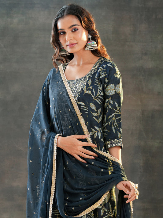 Women Woven Design Embroidered A-Line Kurta with Trousers & Dupatta