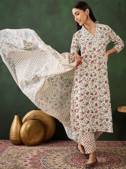 Floral Printed Mirror Work Pure Cotton Kurta & Trousers With Dupatta