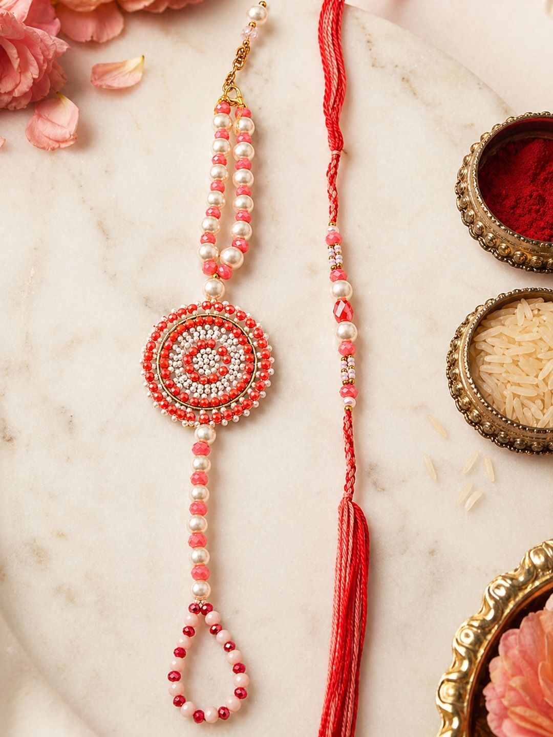 Dhiyona Set Of 2 Gold Toned Pearls & Beads Round Shape Bhaiya Bhabhi Rakhi With Roli Chawal