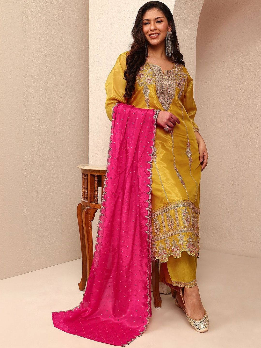 Dhiyona Women's Ethnic Motifs Embroidered Regular Kurta with Palazzos & With Dupatta