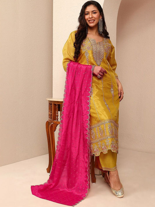 Dhiyona Women's Ethnic Motifs Embroidered Regular Kurta with Palazzos & With Dupatta