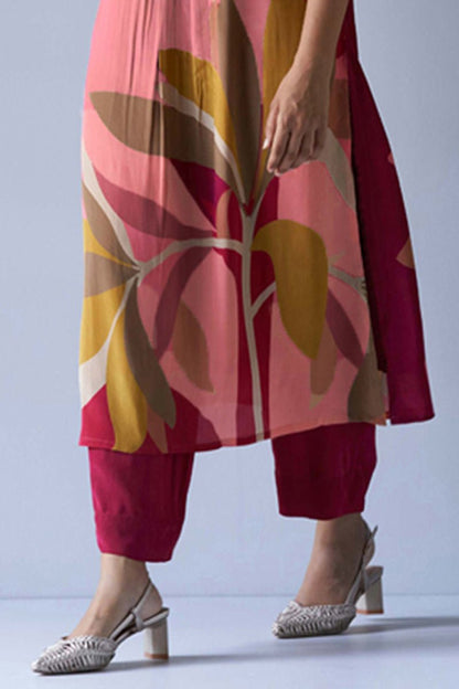 Women's Maroon and Peach Crepe Silk Printed Co-ord Set