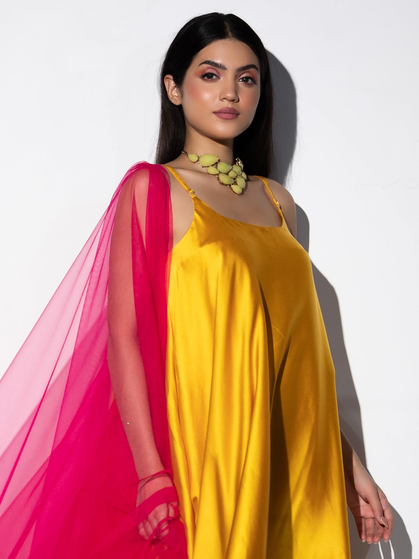 Dhiyona ST Women's Yellow Satin Dress with Pants and Net Dupatta with Lace 3 Piece Set | A-Line, Round Neck, Sleeveless, Pants, Partywear, (Satin)