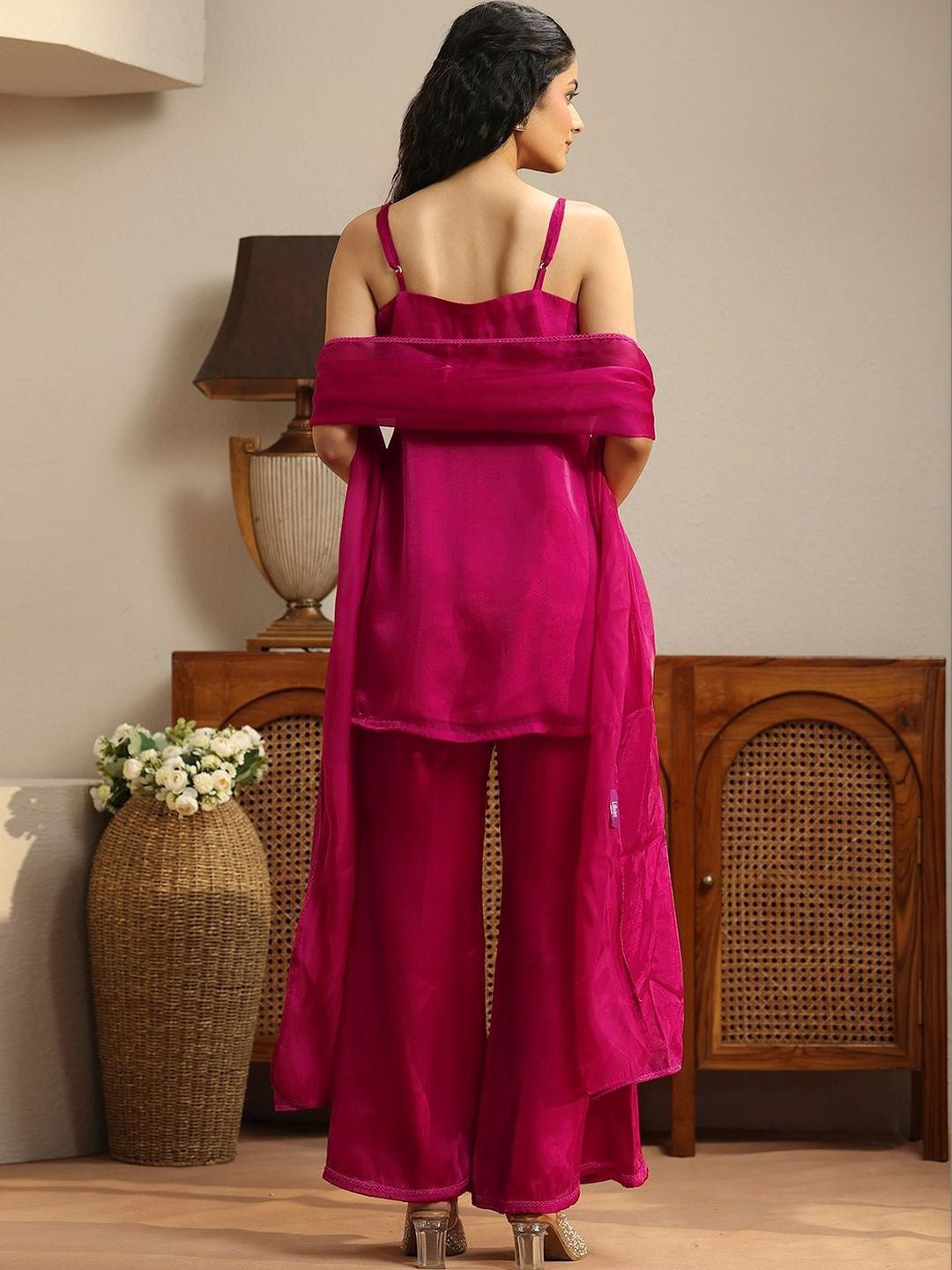 Libas Pink Solid Tissue Palazzo Suit Set