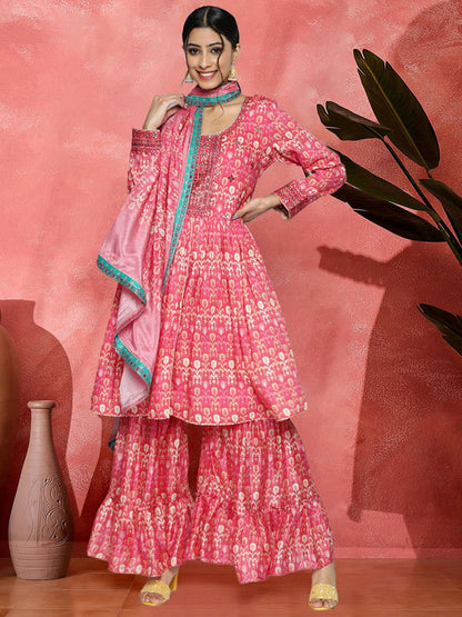 Dhiyona SN Floral Printed Mirror Work Flared Kurta With Sharara And Dupatta