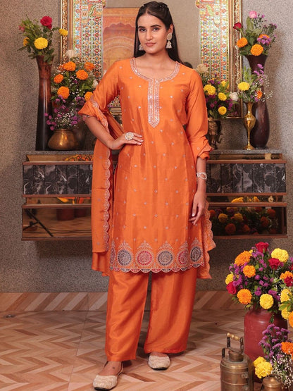 Dhiyona CH Women Ethnic Motifs Embroidered Regular Thread Work Kurta with Palazzos & With Dupatta
