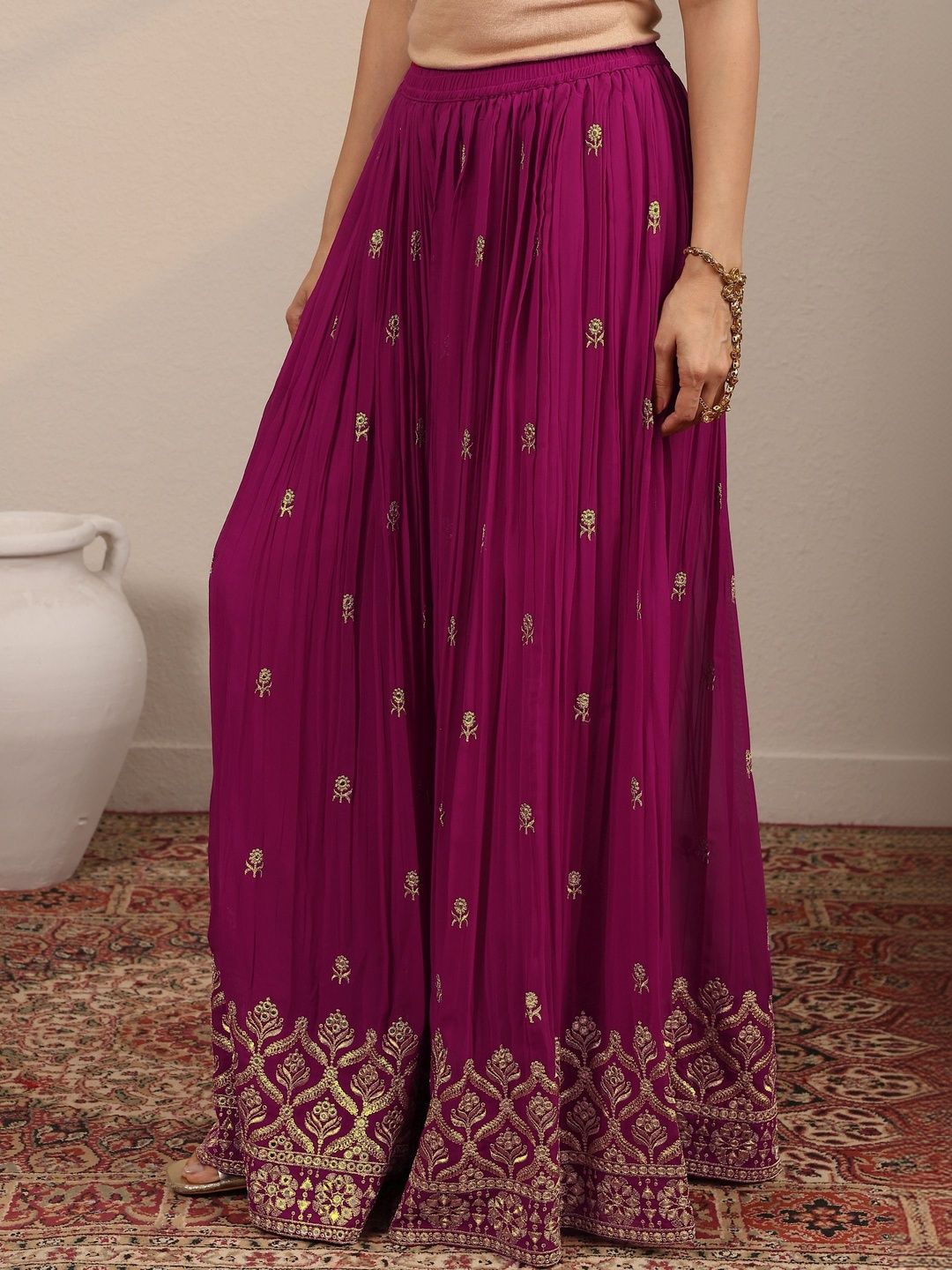 Dhiyona LL Women Ethnic Motifs Embroidered Regular Kurta with Sharara & With Dupatta