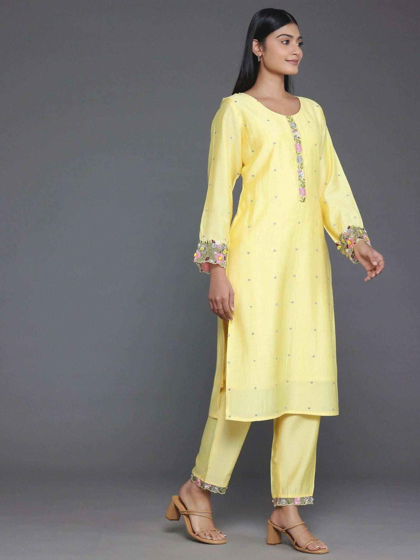 Women's LB Yellow Embroidered Silk Blend Straight Suit With Dupatta