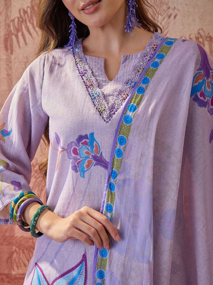 Floral Printed Round Neck Pure Cotton Kurta & Trousers With Dupatta