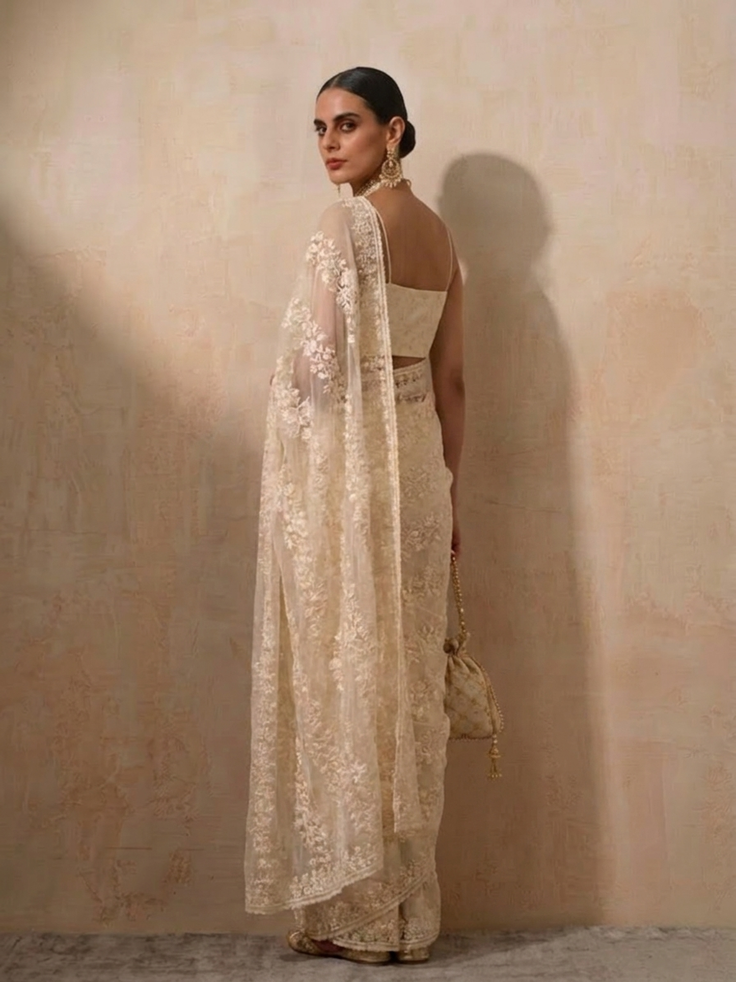 Dhiyona ST Cream Stripe Lace Saree with Sequin and Blouse Fabric
