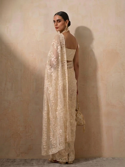 Dhiyona ST Cream Stripe Lace Saree with Sequin and Blouse Fabric