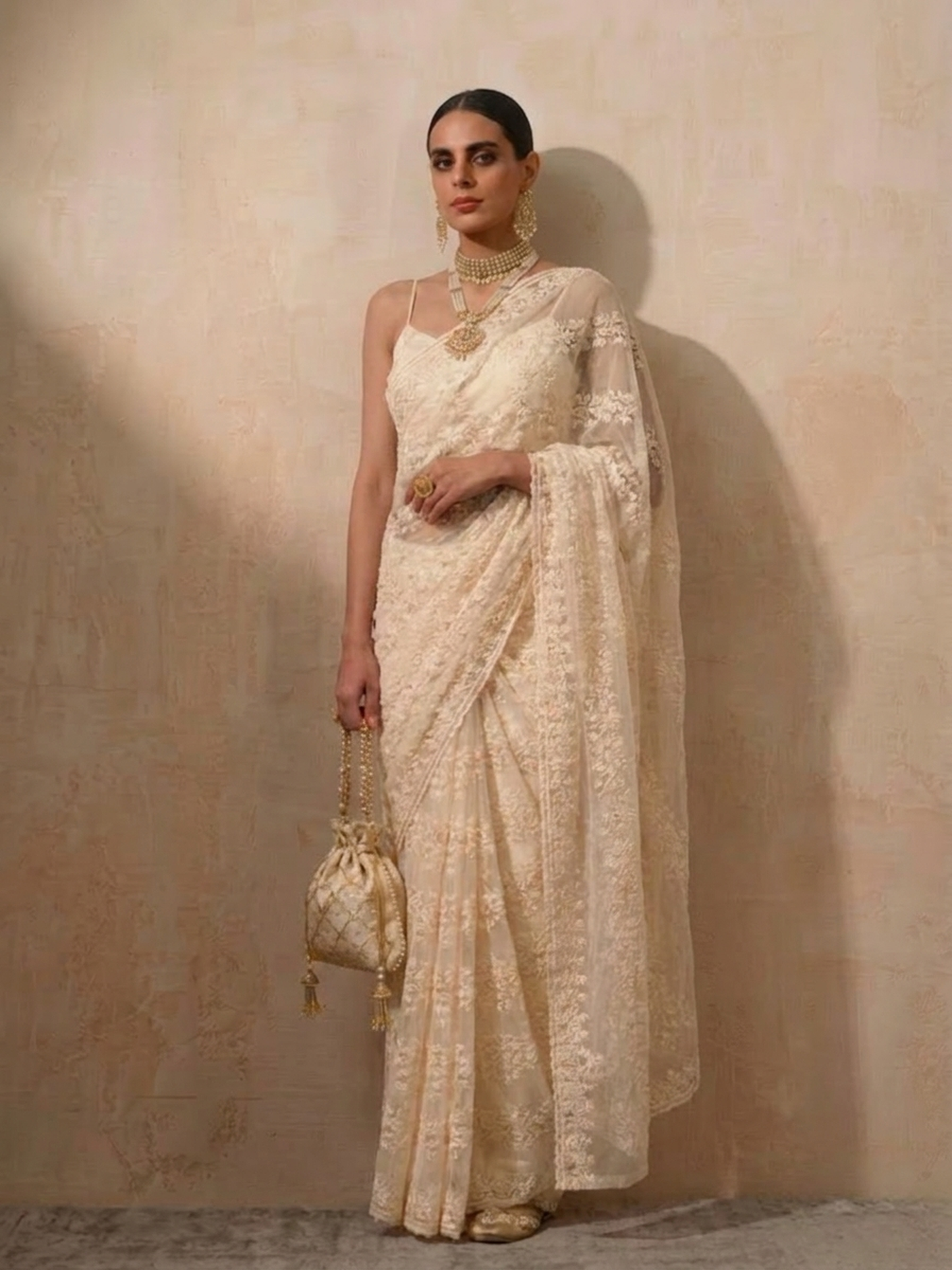 Dhiyona ST Cream Stripe Lace Saree with Sequin and Blouse Fabric