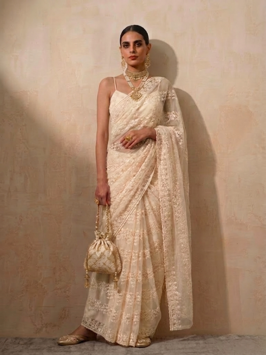 Dhiyona ST Cream Stripe Lace Saree with Sequin and Blouse Fabric