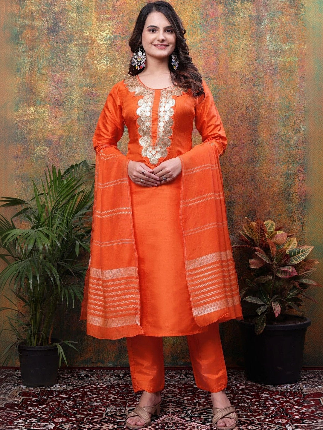 Women Embroidered Regular Sequinned Kurta with Trousers & With Dupatta
