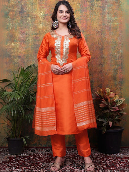 Women Embroidered Regular Sequinned Kurta with Trousers & With Dupatta