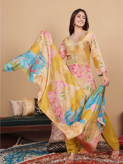 Dhiyona VA Floral Embroidered Pure Silk Straight Kurta with Palazzos & With Dupatta