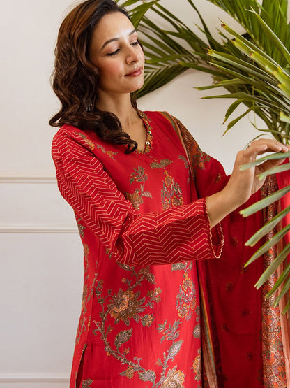 Dhiyona SN Floral Printed V Neck Straight Kurta & Palazzo With Dupatta