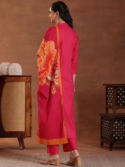 Floral Embroidered Thread Work Pure Cotton Straight Kurta with Trousers & Dupatta