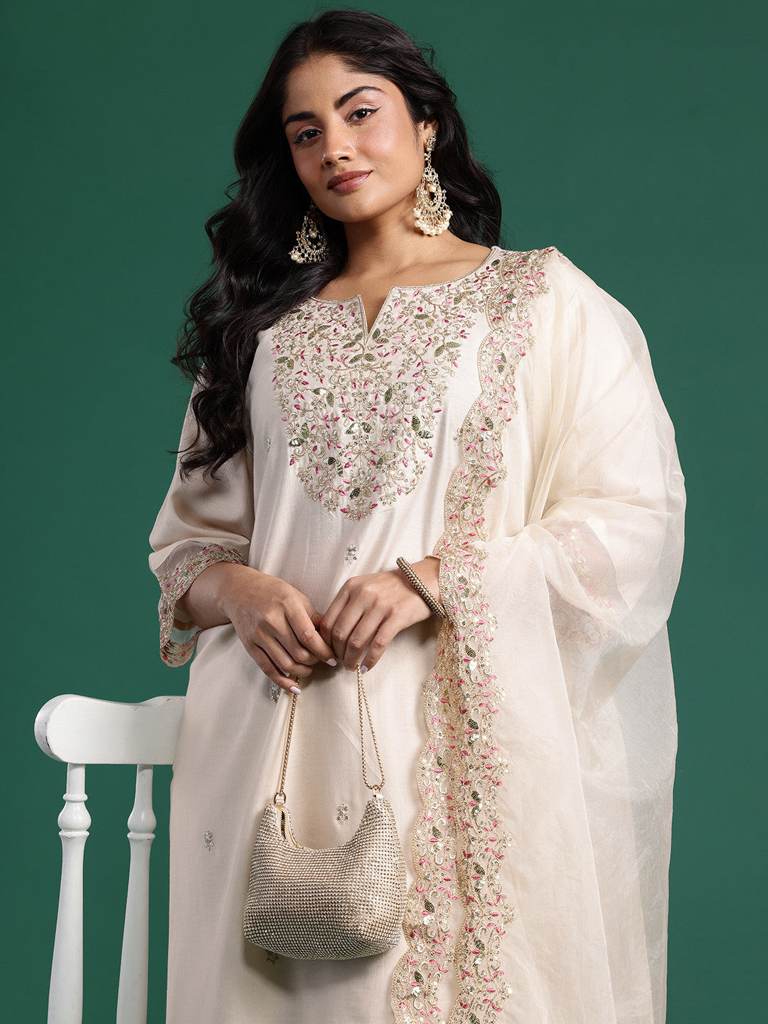 Plus Size Embroidered Kurta with Trousers & Dupatta
