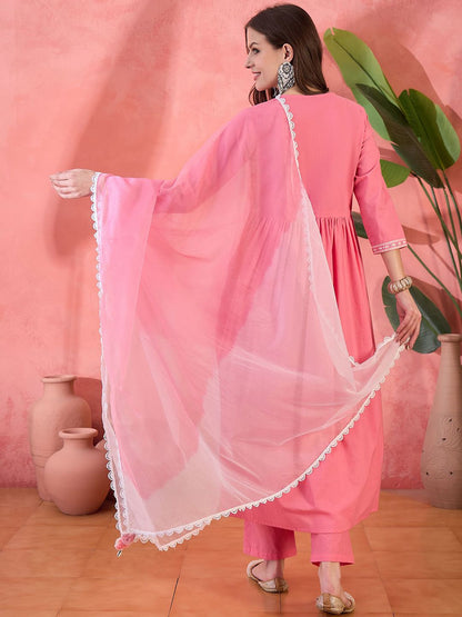 Dhiyona SN Women's Peach Embroidered Notch Neck Pure Cotton Anarkali Kurta With Trouser & Dupatta