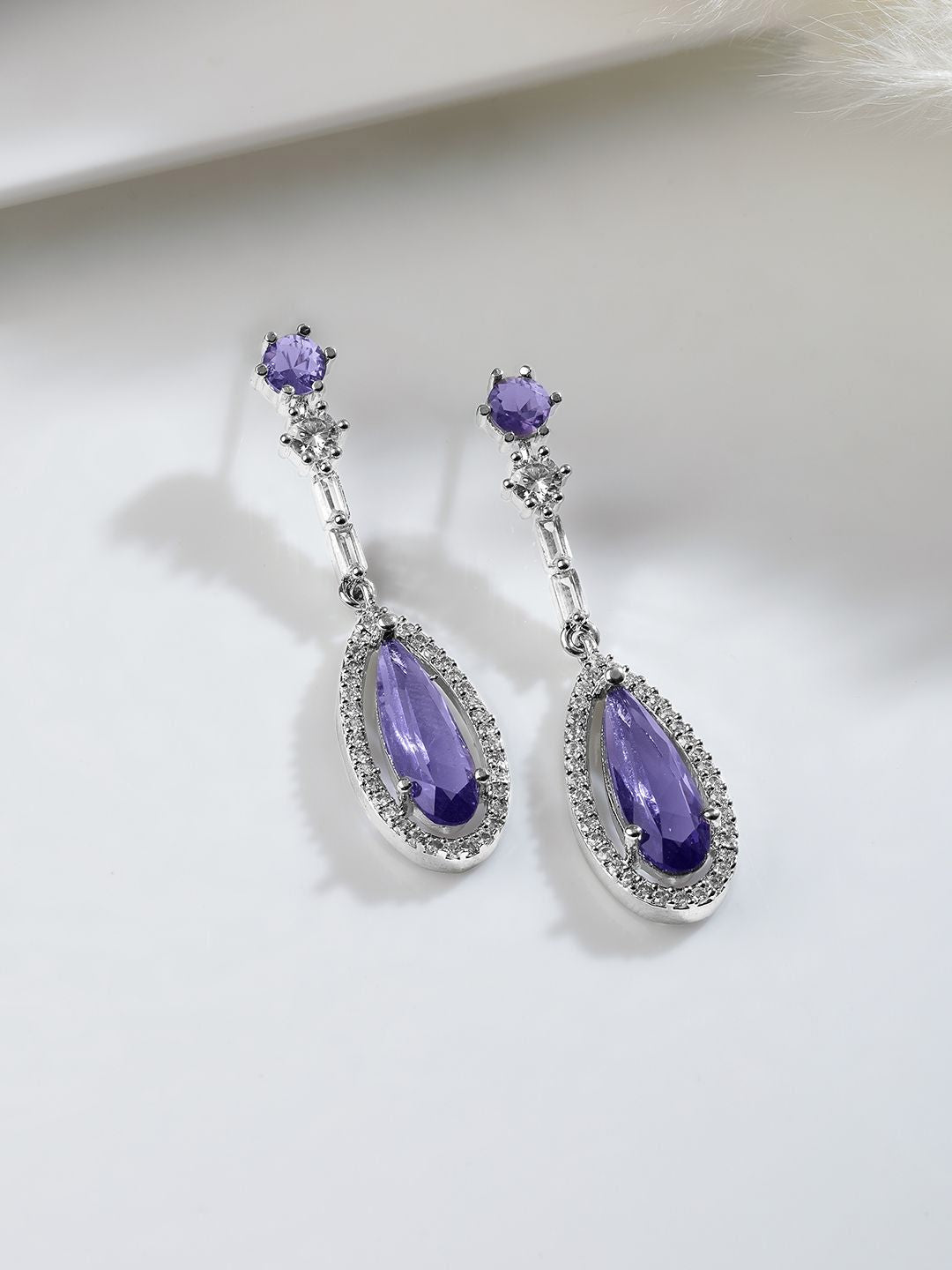 Dhiyona RJ Women's Rhodium Plated Purple Sapphire Teardrop Necklace Set with AD & Cubic Zirconia