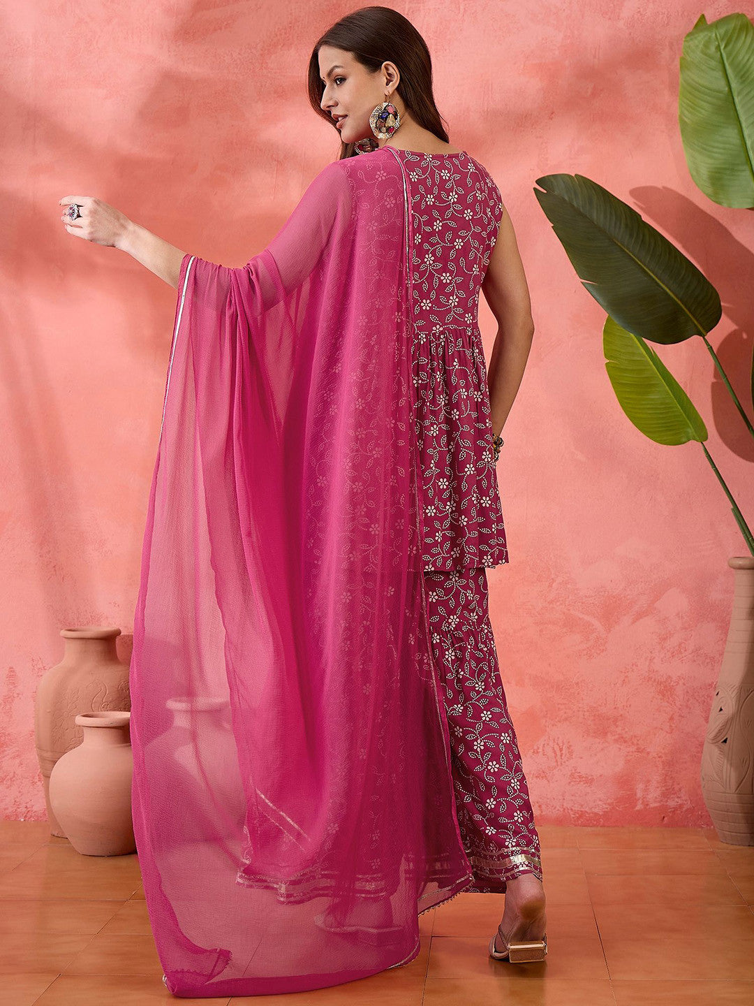 Pink Floral Embroidered Sleeveless Anarkali Kurti With Sharara And Dupatta