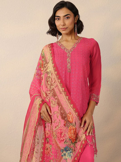 Dhiyona LL Ethnic Motifs Embroidered Thread Work Kurta With Palazzos & Dupatta