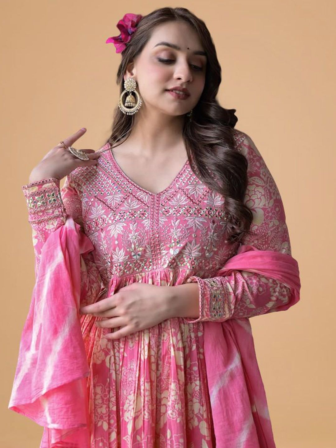 Dhiyona HOP Floral Printed Pure Cotton Anarkali Kurta With Trouser & Dupatta