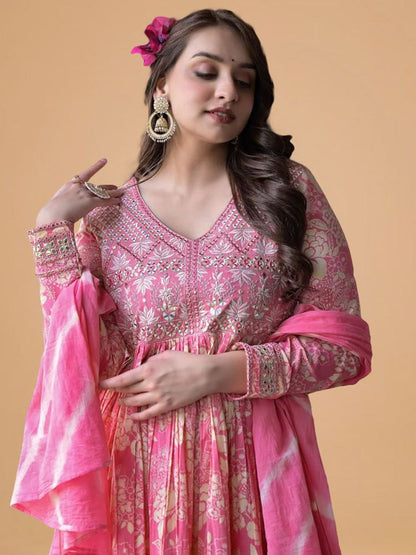 Dhiyona HOP Floral Printed Pure Cotton Anarkali Kurta With Trouser & Dupatta