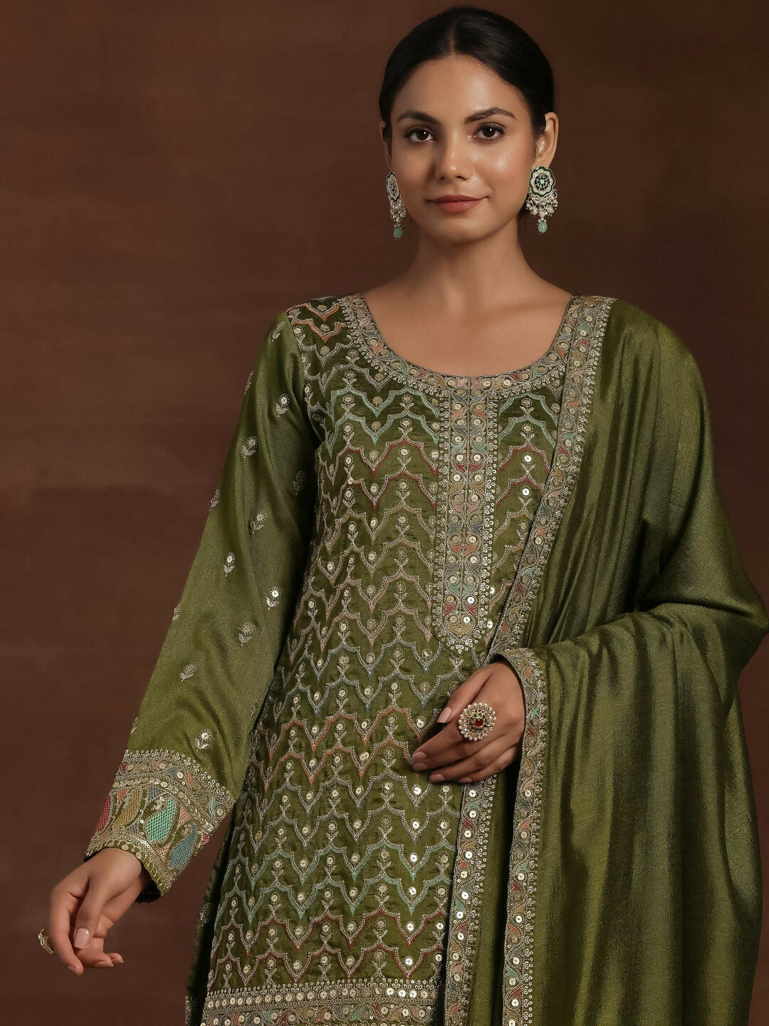 Women's LB Adaa Olive Embroidered Silk Blend Straight Kurta With Palazzos & Dupatta